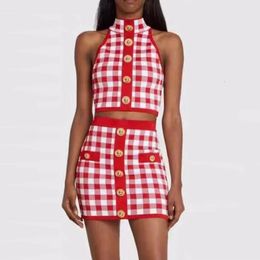 Spring Knitted Tank Tops And Mini Skirts Set Women Button Up Sleeveless Vintage Elegant Plaid Traf Outfits Chic Suits Ropas 240412