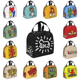 Bags Haring Abstract Art Lunch Bag Keith Geometric Graffiti Portable Insulated Thermal Cooler Lunch Box for Women School Food Bags