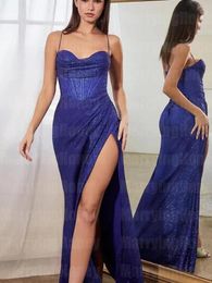 Party Dresses Sparkly Sequined Royal Blue Evening Sexy Spaghetti Straps High Split Sweetheart Backless Prom Formal Gown Vestidos