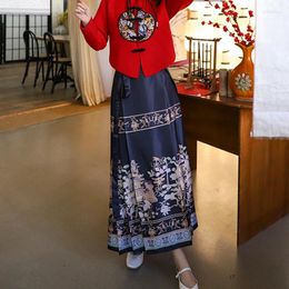 Skirts Chinese Style National Fall Winter Skirt Ming Han Elements Red Lace-up One Piece High Waist Pleated Horse-Face