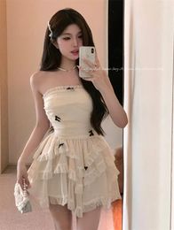 Casual Dresses Women's Summer Sweet Mesh Sexy Waist Ruffle Cake Short Skirt French One Shoulder Black Strapless Dress Party Club Y2k Vestido