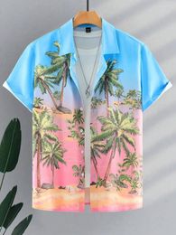 Men's Casual Shirts Mens Womens Sunset Tropical Palm Tree Print Pattern Short Sleeve Shirt Button Up Tops