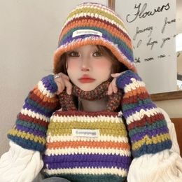 Rainbow Striped Knitted Bucket Hats for Women Autumn Winter Warm Panama Y2K Beanies Set with Gloves Handbag Cute Funny Hat 240417