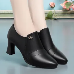Dress Shoes Women Comfort Soft Leather Sole Pointed Toe Thick Heel Fashion Retro Casual Spring Elegant Black Single
