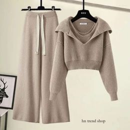 Women's Two Piece Pants Women Winter Autumn Y2K Suit Vest Sweater Crop Tops and Wide Leg Pant Three Set Outfit Knitted Outwear Korean 703