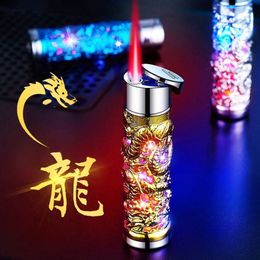 Mini Metal Emed Windproof Direct Punch Red Flame Without Gas Lighter LED Light Electronic Ignition Portable Lighter Gift for Men