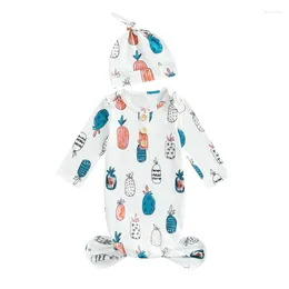 Blankets 2 Pcs Infant Outfits Pineapple/ Flower/ Marine Animal/ Koala & Branch Print Long Sleeve Round Neck Sleeping Sack Beanie