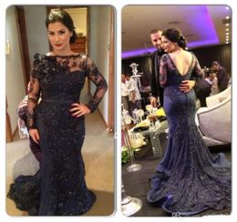 Navy Blue Lace Beaded Party Arabic Dubai Sheer Long Mermaid Evening Dresses Plus Size Long Sleeves Formal Party Gowns Mother Dress9990259