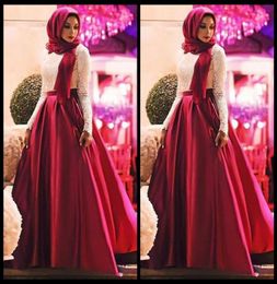 2018 White Red Muslim Prom Dresses Long Sleeves Hijab Evening Gowns Lace Satin Floor Length Plus Size Saudi Arabic Party Dresses8798647