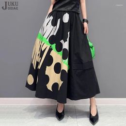 Skirts Korean Style A-Line Elastic Waist Woman Summer Long Black Vintage Printed Skirt Loose Fit Casual Painted Fashion JJSK038