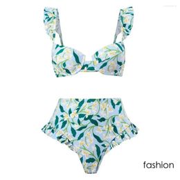 Women's Swimwear Bohemian Printed Swimsuit Women Split Bohemia Style Ruffle Sleeve Bandeau Bra High Waist Swim Set Floral For Beach Best 4228