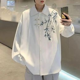 Men's Casual Shirts Men Solid Colour Shirt Cardigan Chinese Style Bamboo Embroidery Coat With Tang Suit Influence Retro
