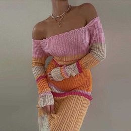 Casual Dresses Vintage Striped Knitted Long Dress Leisure Style Off Shoulder Sleeve Bodycon Maxi Chic Women Crochet ClothesCasual G691A