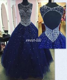 Dark Blue Long Quinceanera Dress 2020 Plus Size Backless Crysatl Beaded Ball Gown Tulle Debutante Party Gowns vestido 15 anos3447451