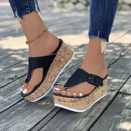 Women Summer Flip Flops Shoes Female Wedge Platform Sandal Slip On Buckle Decor Nonslip Slides 240419