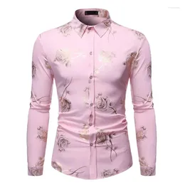 Men's Casual Shirts Mens Stamping Long Sleeve Pink Men Shirt Spring Fashion Floral Male Button Up Oversized Social Boys Tops
