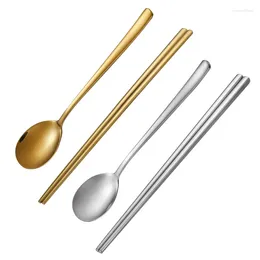Dinnerware Sets 304 Stainless Steel Long Handle Chopsticks Home Tableware Round Head Spoon Tablespoons Golden Kitchen Utensils