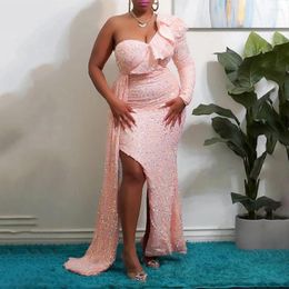 Casual Dresses Luxury Pink Sequined For Women One Shoulder Ruffles Side Split Floor Length Elegant Birthday Party Dinner Vestidos Mujer