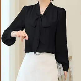 Women's Blouses Spring Summer Middle Age Bow Collar Lantern Sleeve Office Lady Shirt Four Colours Single Breasted Chiffon Temperament Plus