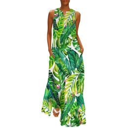 Basic Casual Dresses Banana Leaves Print Dress Tropical Palm Party Maxi Dress Aesthetic Bohemia Long Dresses Women Sleeveless Print Oversized Vestido 240419