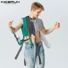 Men's Tank Tops INCERUN Men Striped Patchwork Tassel O-neck Sleeveless Casual Male Vests Streetwear 2024 Summer Irregular S-5XL