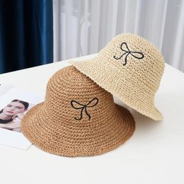 Berets Sweet Spring And Summer Bow Embroidered Straw Hat Korean Edition Vacation Grass Weaving Fisherman Handmade Pot