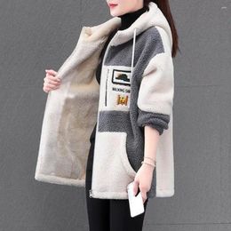 Women's Hoodies Zipper Closure Lady Coat Cozy Hooded Colorblock Jacket Plush Embroidered Stylish Winter For Women Soft Warm Outerwear