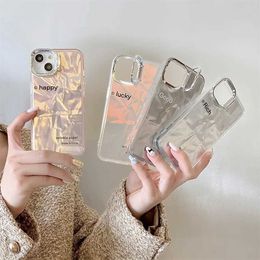 Cell Phone Cases Fashion Plating Silver Lens Bracket Phone Case For iPhone 15 14 13 12 Pro Max 15pro 11 Laser Clear Cover Cute Happy Lucky Cases J240418