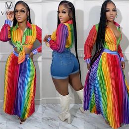 Work Dresses VAZN 2024 Street Casual Style Women Suit Long Sleeve Lapel Shirt Elastic Floor Length Skirt Lady Striped 2 Piece Set