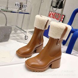 Shoes Boots Axigo Lamb Wool Rain Women's Style Square Head Medium Barrel Thick Bottom Zipper Coarse High Heel Martin