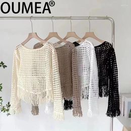 Women's Blouses OUMEA Women Crochet Beach Fringed Cover Up Summer Hollow Long Sleeve Casual Pullover Tops