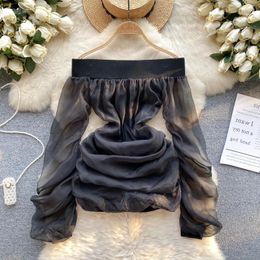 Casual Dresses Bodycon Dress Slash Neck Long-sleeved Gauze Designed Vestidos De Mujer Korean Style Slim Summer Solid Color Drop