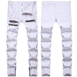 Men's Jeans Autumn And Winter White Splash-ink Fashion Pants Personality Trend Slim-fit Elastic Small Feet