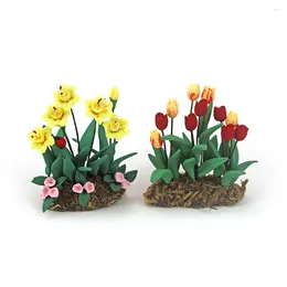 Decorative Figurines 1/12 Dollhouse Miniature Accessories Mini Tulip Daffodils Morning Glory Simulation Garden Flower Model For Doll House