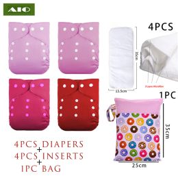 Clutches Aio 4 Diapers+4 Inserts +1 Wet Bag Solid Color Waterproof Pocket Diapers Baby Reusable Cloth Diaper Eco Nappy Washable 03 Old