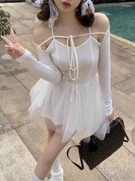 Casual Dresses Summer White Gauze Ball Gown Women Dress All Match Sweet Fashion Solid Hollow Out Bandage Off Shoulder Vestido De Mujer