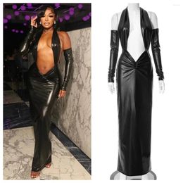 Casual Dresses Women Sexy PU Leather Maxi Party Dress Ruched Deep V Neck Lace Up Halter Backless Long Sleeve Bodycon Birthday RobeClubwear