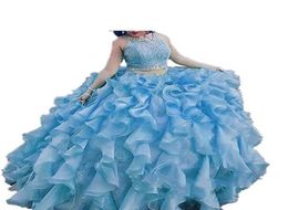 2017 Real Po Ruffles Long Ball Gown Two Pieces Quinceanera Dresses with Organza Beaded Plus Size Prom Pageant Debutante Party G8666059