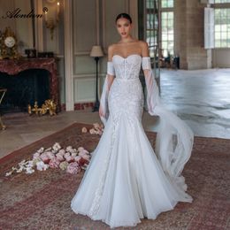 Elegant Beading Appliques Lace Off Shoulder Romovable Sleeves Mermaid Wedding Dress With Floral Prints Trumpet Bridal Gowns