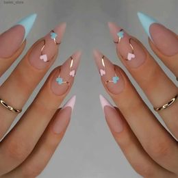 False Nails 24pcs Almond Gold Line Fake Nails Love Heart Pattern Matte False Nail Patch Full Cover Pointed Head Franch Artificial Nail Tips Y240419