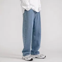 Men's Jeans Men Retro Streetwear Wide Leg With Button Zipper Closure Pockets Loose Fit Solid Colour Denim Pants For A