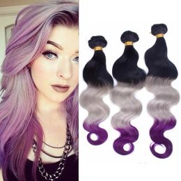 Wefts #1B/Grey/Purple Ombre Body Wave Brazilian Human Hair Bundles Deals 3Pcs Black Grey to Purple 3Tone Ombre Human Hair Weave Wefts 10