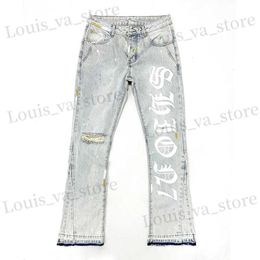 Men's Jeans American 100% Cotton Mens Flared Jeans Letter Print Open Hem Denim Pants Heavy Weight Ripped On Kn Male Trousers T240419