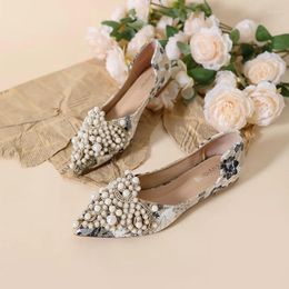 Casual Shoes Wedding Pearl Beading Slip On Loafers Women Pointed Toe Flower Print Ballet Flats 41-43 Plus Size Glitter Cloth Moccasins