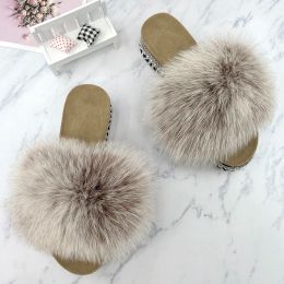 Sandals Slides Fur Summer Rivets Platform Sandals Ladies Sandals Outdoor Real Fur Ladies Heels Shoes 2021 New Fluffy Flip Flops Slippers