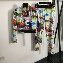 Designer Tracksuit Sexy 2 Piece Set Women Floral Print Short Waist Long-sleeved Tops Stretch Thin Legging Pants Suit Womens Sporty Tracksuits