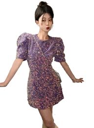 Women puff short sleeve o-neck purple Colour paillette sequined shinny bling short desinger dress SML