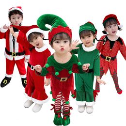 Year Elf Costume For Kids Girl Green Santa Claus Suit Set with Hat Children Fancy Christmas Party Dress Set Performance 240418