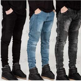 Men's Jeans European Males Biker Jeans Stretchy Pleated Skinny Fit Motocycle Men Trousers T240419