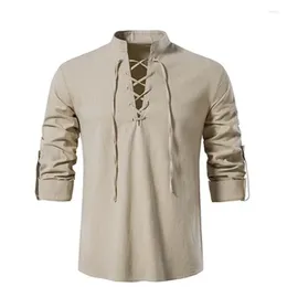 Men's Casual Shirts 2024 V-neck Shirt T-shirt Fashion Vintage Thin Long Sleeve Top Men Breathable Viking Front Lace Up Man